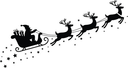 Black silhouette of Santa Claus in a sleigh pulled by reindeer flying through a starry night sky with a trail of stars and gifts in the sleigh © Mahamudur Creatives