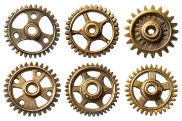 Collection of six metal gears for use in mechanical projects displayed on a white background