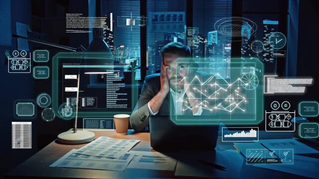 Cinematic video startup founder loft office night, exhausted determined, floating holographic sketches, prototypes, digital charts, coffee cups. Neon city lights glow large windows, reflections glass