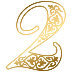 Naklejka premium Gold decorative number two with Kazakh ornament