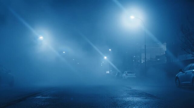 Foggy night street with cars.