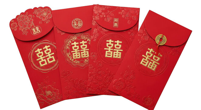 Red envelopes with gold chinese characters for lunar new year isolated on transparent background