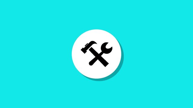 Minimalist hammer and wrench tools icon animation on flat turquoise background with shadow effect for repair service