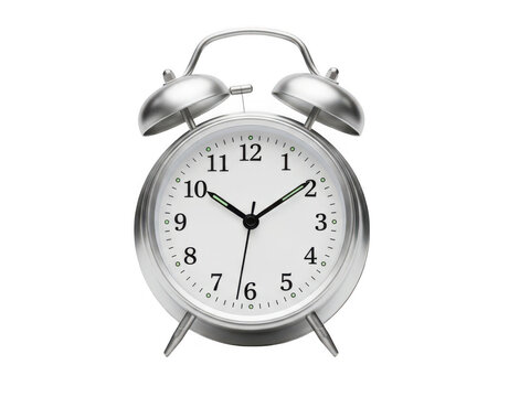 Silver alarm clock showing 5 o clock on white background isolated on transparent background