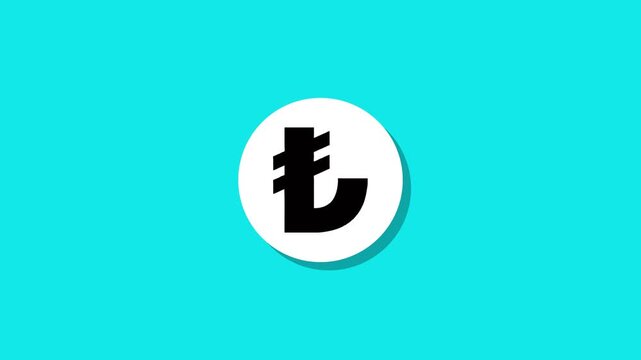 Turkish lira currency symbol animation on plain turquoise background with shadow effect motion