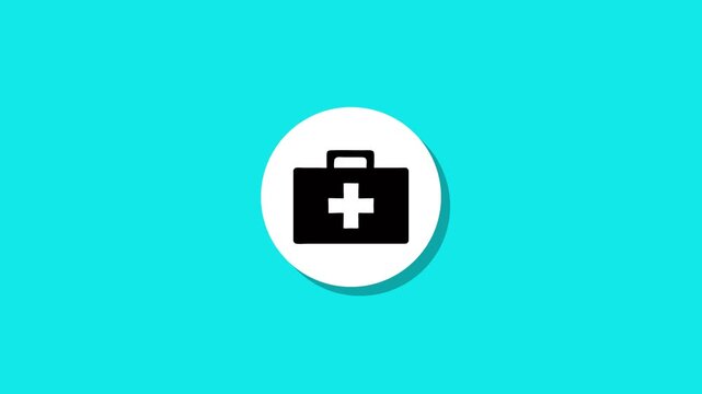 A motion graphic animation of a medical cross on a briefcase appearing on a white circle against a vibrant turquoise background for health and wellness themes