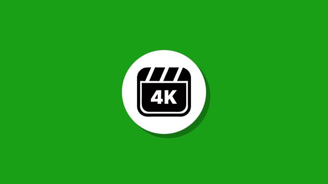 Flat animation of 4k resolution video production clapboard icon appearing on green screen background with drop shadow