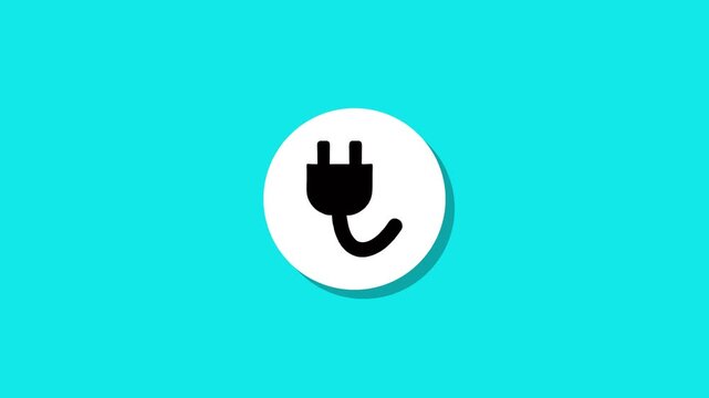 Minimalist electric plug icon animation on turquoise background with white circle flat design motion graphic