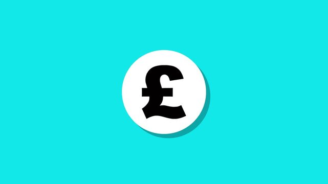 A motion graphic animation of a white circle with a shadow expanding and changing into a black sterling sign in the middle, over a solid cyan background