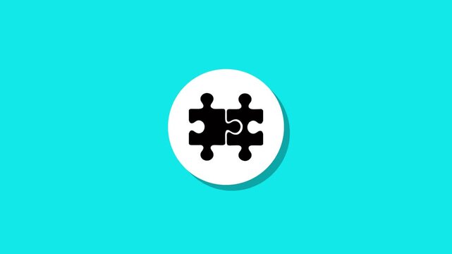 A motion graphic animation of two black jigsaw puzzle pieces interlocking in a white circle with a shadow on a turquoise background