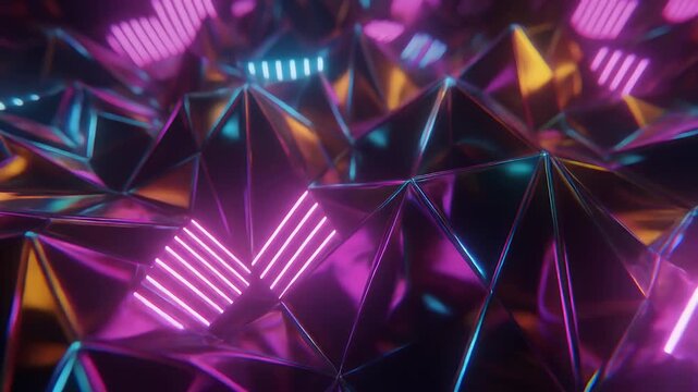 A vibrant, abstract, geometric design features reflective triangular surfaces with neon light accents, creating depth