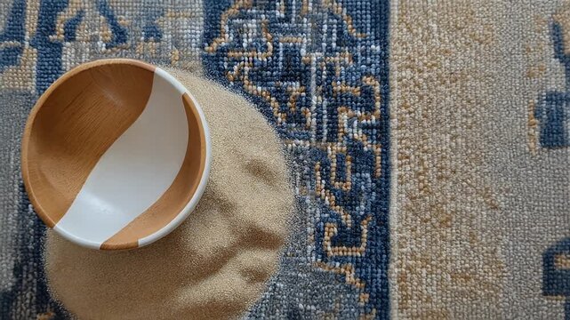 A wooden bowl with a white stripe rests atop a tan textured surface, some of the contents spilling out onto a patterned rug