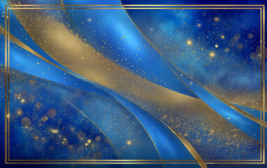 Celestial Luxury Blue and Gold Abstract Background with Golden Frame