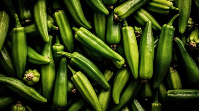 Realistic photo of a bunch of okra. top view vegetables scenery