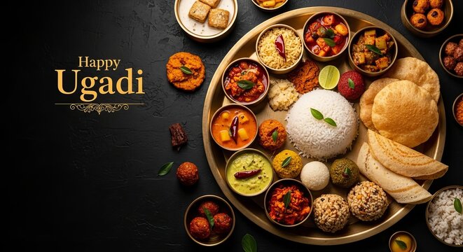 Top view of south indian vegetarian feast served on brass plate for ugadi lunch