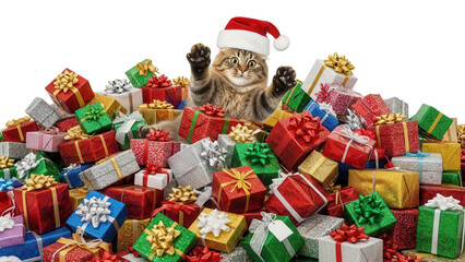 Fluffy tabby cat wearing a red Santa hat, emerging from a huge pile of colorful wrapped Christmas presents with bows, festive holiday gifts isolated PNG with Transparent Background