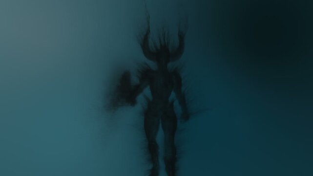3d Animation of a demon with an axe in his hand built from dark particles