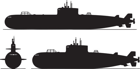 Black silhouette of a submarine shown from side and front views on a white background also transparent background © PixelSaga MH2 