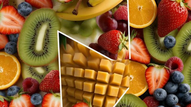 A vibrant collage presents an array of colorful fruits, including strawberries, kiwi, bananas, oranges, mangoes, raspberries, grapes, and blueberries