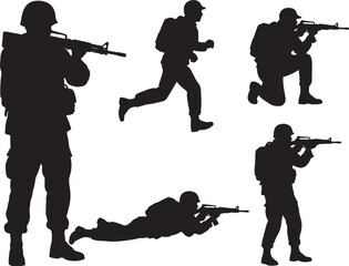 Naklejka premium Five black silhouette soldiers in various combat poses holding rifles on a white background also transparent background