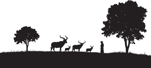Silhouette of antelopes and a person standing on grassy hill with trees also transparent background