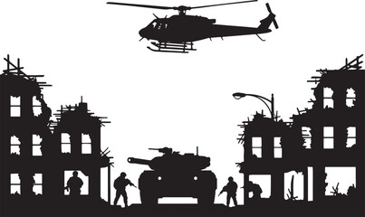 Naklejka premium Silhouette of military helicopter hovering over destroyed city buildings with tank and soldiers also transparent background