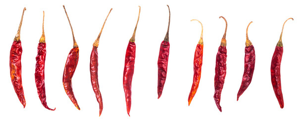 Set dried bird's eye chili peppers isolated on white background, top view