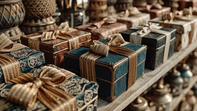 Close-up of assorted ornate gifts wrapped in colorful paper with ribbons on a shelf with decorative items in a store with warm tones.