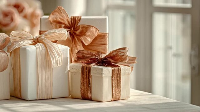 Close-up of white and beige wrapped gifts with gold ribbons on a table in a bright room with a bouquet of flowers and a blurred background.