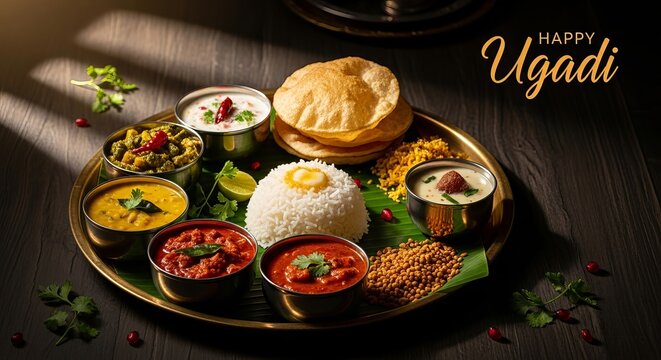 Traditional Indian Ugadi thali feast with rice dal and sweets