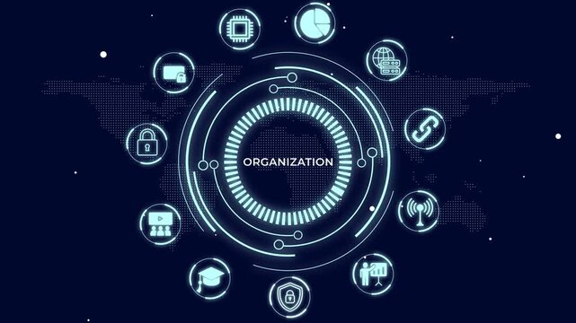 Corporate Organization and Business Management Interface Concept with Global Structure and Efficiency Icons