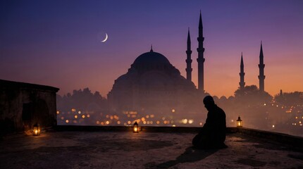Man praying at sunset with crescent moon and mosque backdrop, Concept of Ramadan  