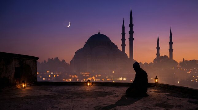 Man praying at sunset with crescent moon and mosque backdrop, Concept of Ramadan  