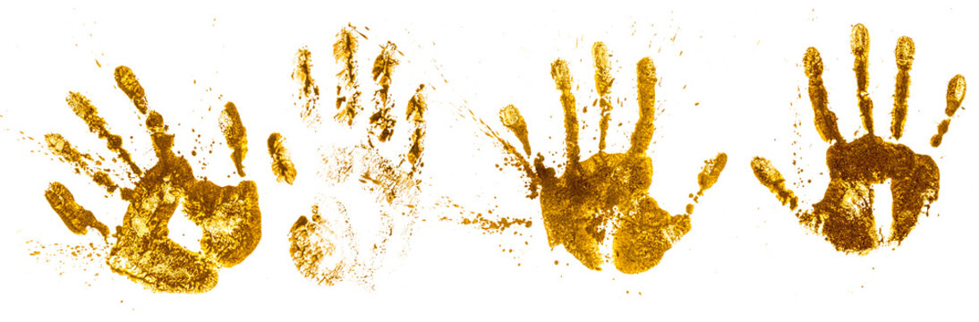 Set of Hand print in wet mud, muddy fingerprint, dirty tracks isolated ontransparent background, clipping path