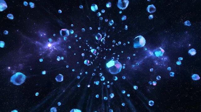 Dynamic fly-through of glowing blue geometric crystals exploding in deep space.