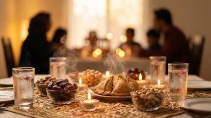 Family gathering around dining table with traditional food for Ramadan  