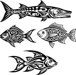 Fototapeta premium Barracuda and Tropical Fish Collection in Tribal Maori Style