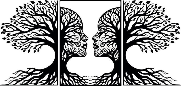 Optical Illusion Tree of Life with Double Face Profile Art