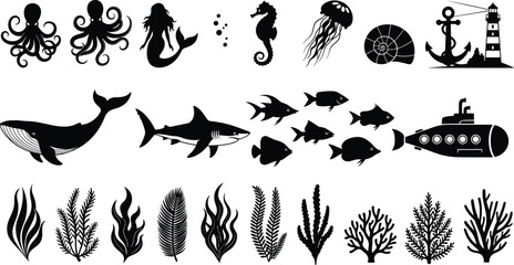 Large collection of black sea life silhouettes including octopus shark whale and submarine, underwater nature symbols set © Hello World