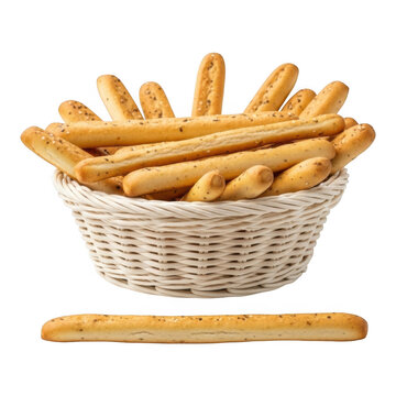 Freshly baked breadsticks in a wicker basket isolated on transparent background