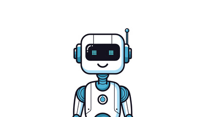 Fototapeta premium Friendly white and blue robot character with a smiling digital face and antenna on a clean white background.