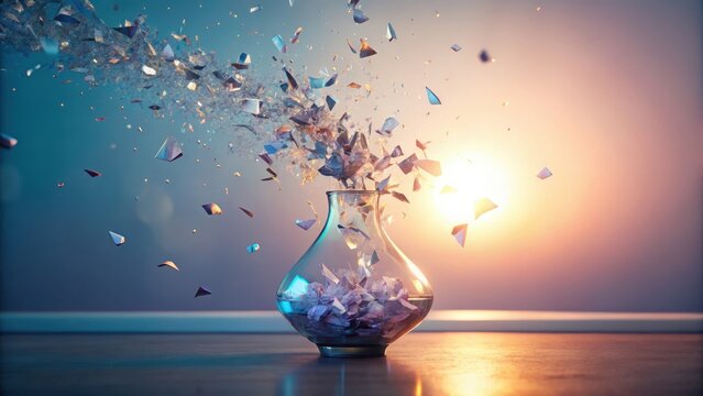 Shattered Illusions A Glass Vessel and the Ethereal Dispersion of Fragmented Crystals at Sunset