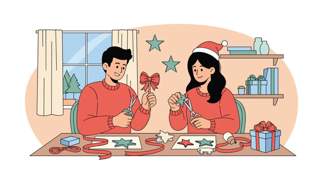Man and woman sitting at a table crafting paper stars and ribbons for Christmas decorations in a cozy room.