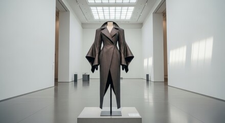 Naklejka premium Museum exhibit dress on pedestal grey fabric flared sleeves in minimalist white gallery with skylight
