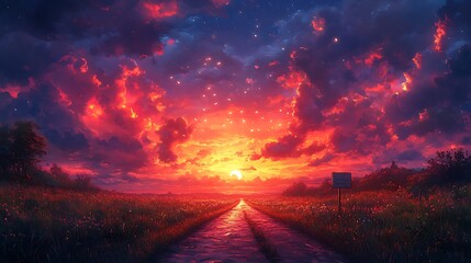 Sunset road landscape illustration