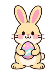 Obraz premium Cute cartoon Easter bunny holding a decorated egg. Adorable character isolated on transparent background, perfect for Easter cards, kids designs, spring decorations and holiday illustrations.