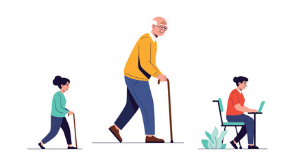 Fototapeta premium Illustration showing the different stages of human life with a young girl walking, an elderly man with a cane, and a woman at work.