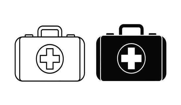 Medical first aid kit icons in black and white with cross symbol on isolated for health and emergency concepts