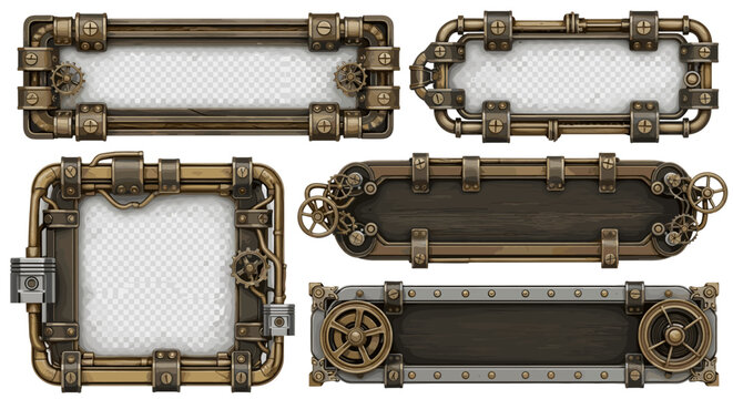 Metal and Wood Steampunk Frames with Gears and Bolts