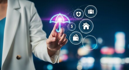 A businesswoman interacting with a futuristic digital interface at night